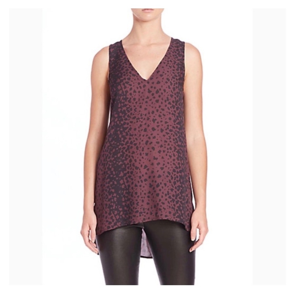 Vince Silk Tank Top Womens XS Plum Animal Print V-Neck High-Low V312911300 NEW